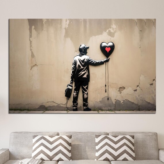 Stencil Street Art Man Heart Balloon Graffiti Wall Urban Poster