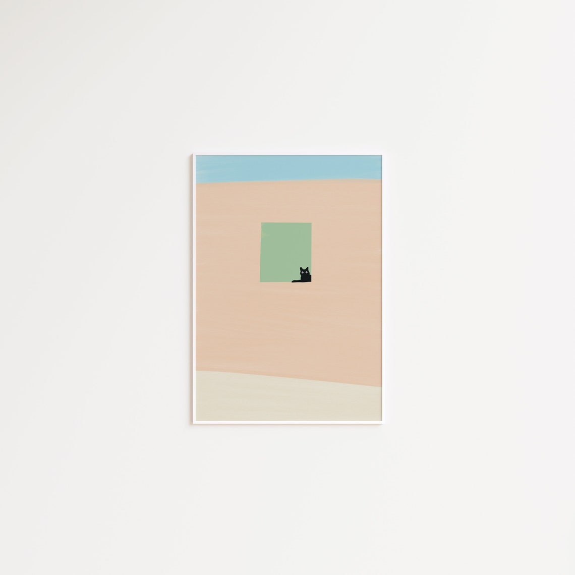 Tiny Black Cat Silhouette in a Window Minimalist Pastel Poster