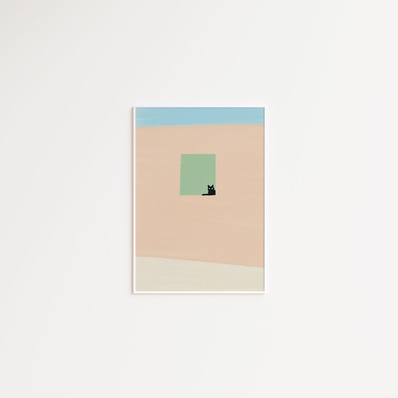 Tiny Black Cat Silhouette in a Window Minimalist Pastel Poster