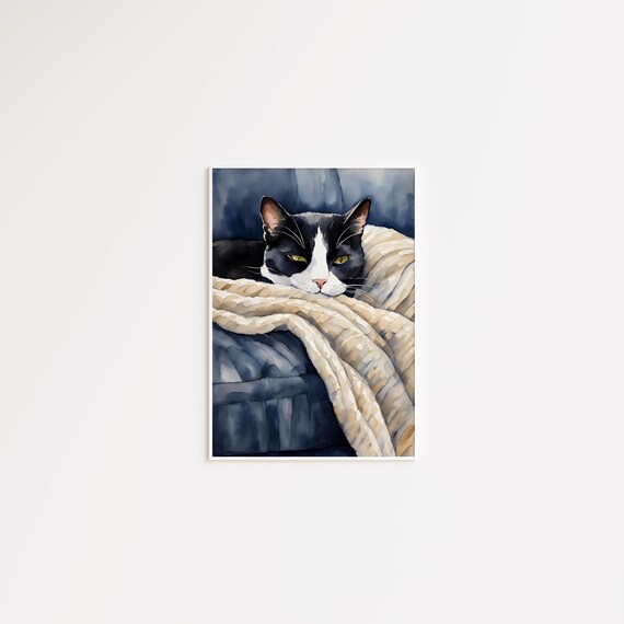 Black and White Tuxedo Cat Resting on a Knit Blanket Poster Art