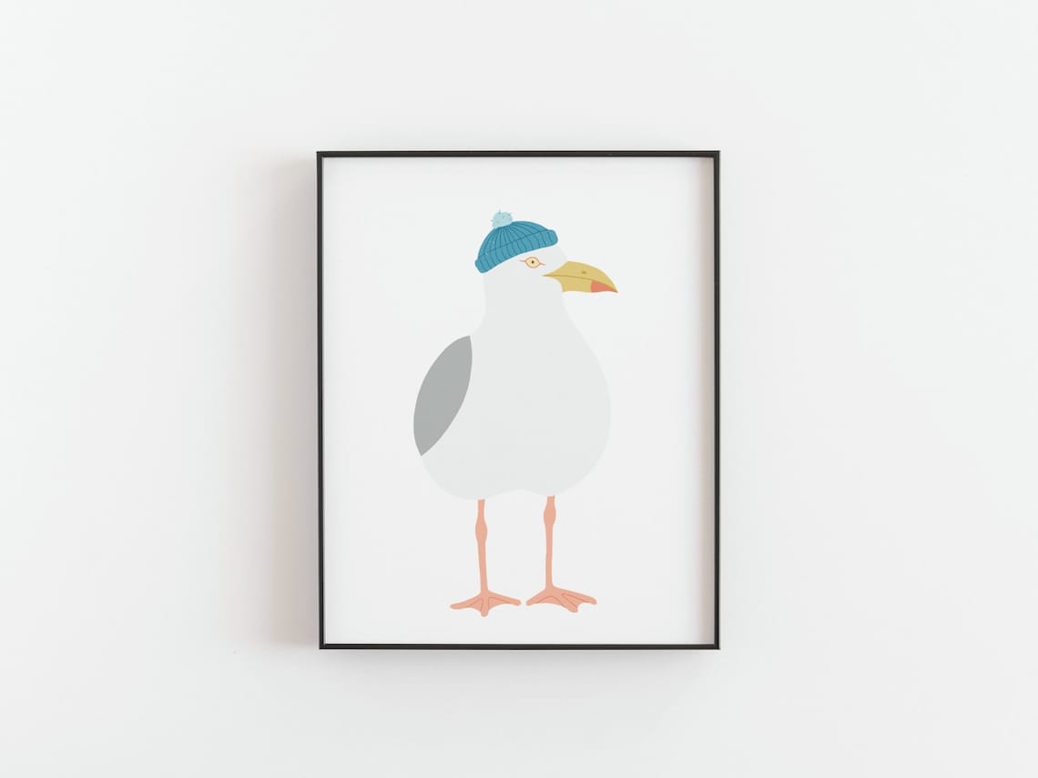 Seagull With Blue Beanie, Coastal Art Print - Image 3