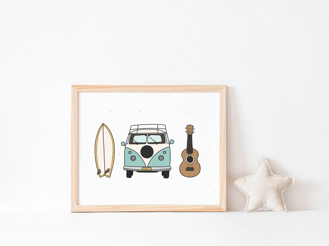 Vintage Teal Camper Van Surfboard Ukulele California Road Trip Poster - Image 2
