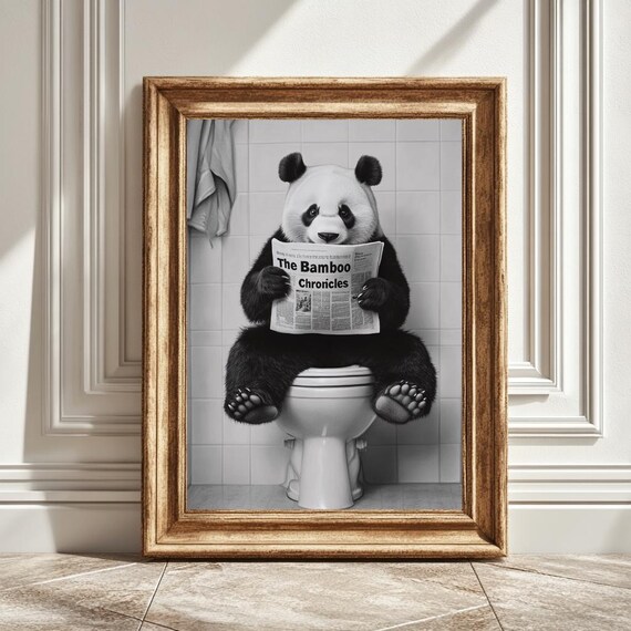 Panda On Toilet, Funny Bathroom Wall Decor