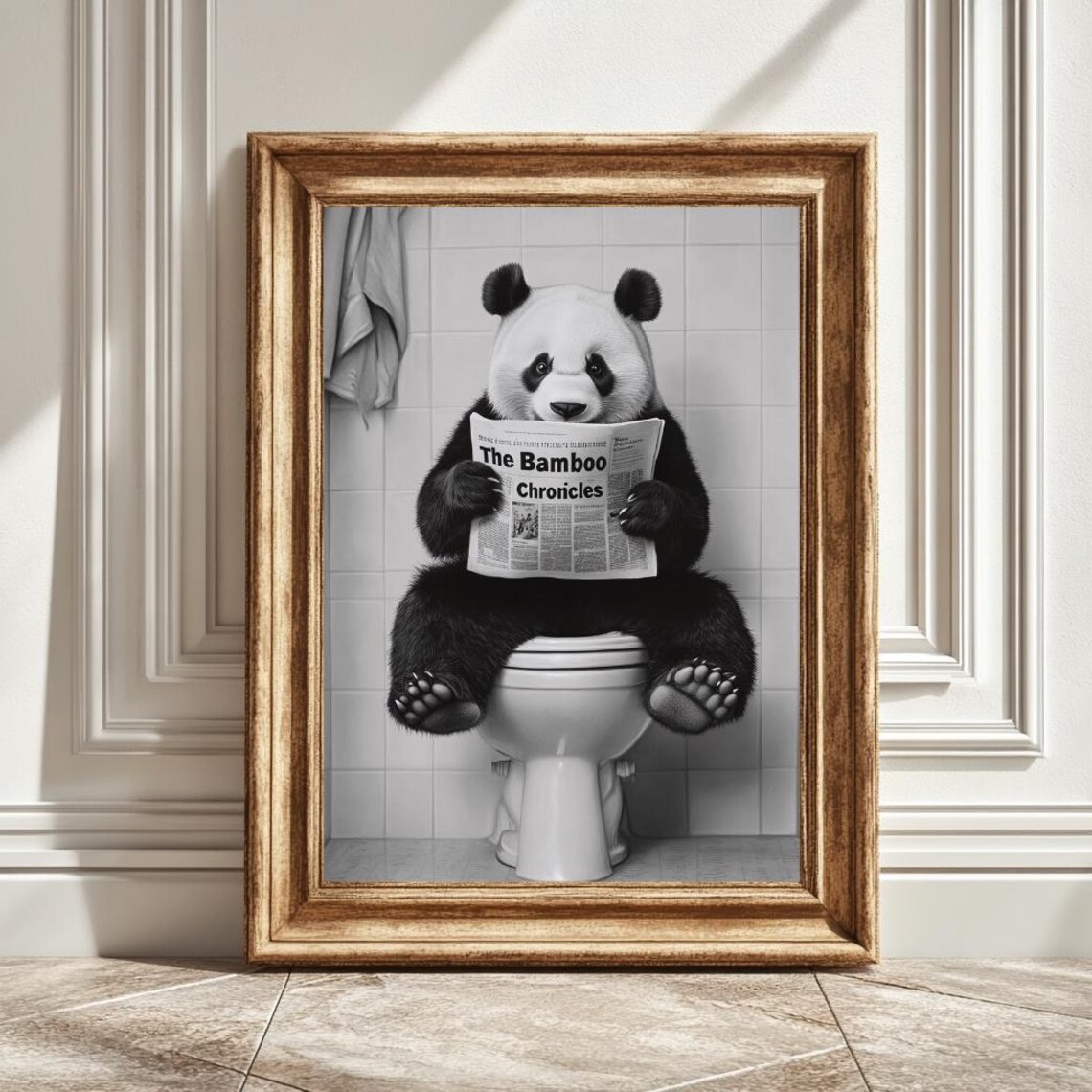 Panda On Toilet, Funny Bathroom Wall Decor