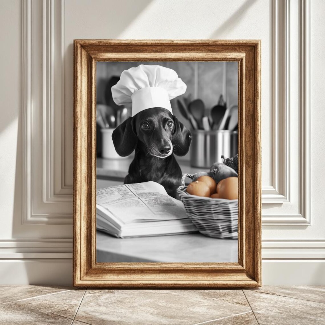 Dachshund Chef Hat Kitchen Art Print, Cute Dog Lover Gift