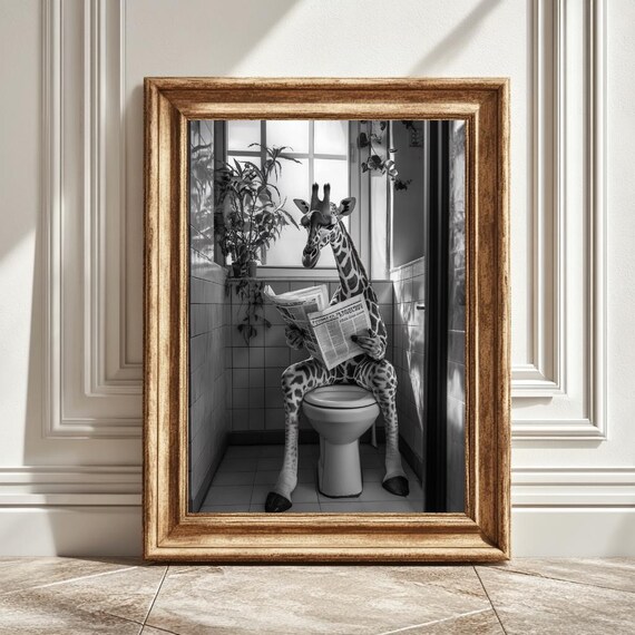 Giraffe On A Toilet, Funny Bathroom Decor Art Print