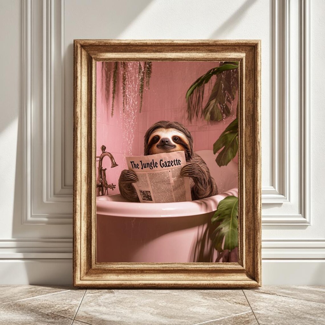 Sloth In Bathtub Reading Newspaper, Bathroom Decor