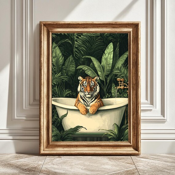 Tiger In Bathtub, Modern Animal Illustration