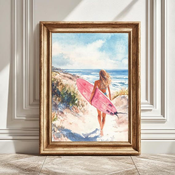 Watercolor Girl With Surfboard, Beach Surf Art