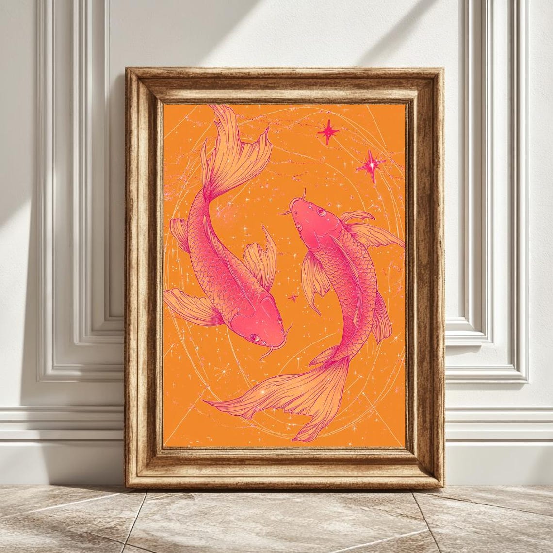 Two Neon Pink Fish Circling Each Other, Art Print