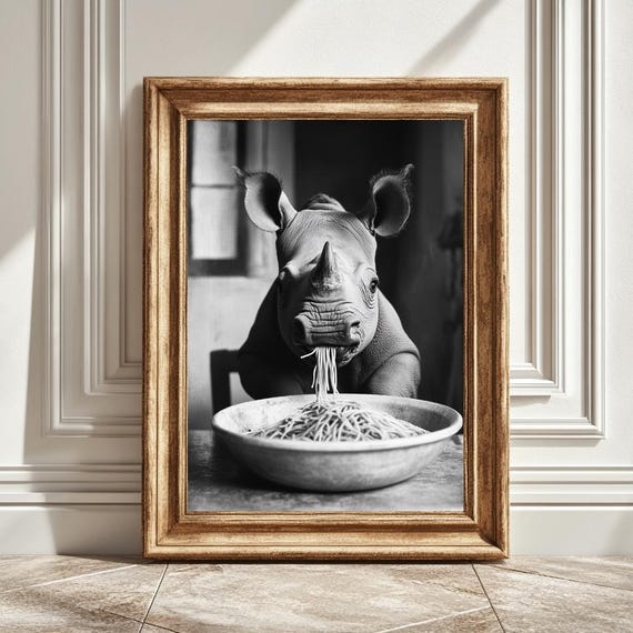 Baby Rhino Eating Pasta, Kitchen Decor Art Print