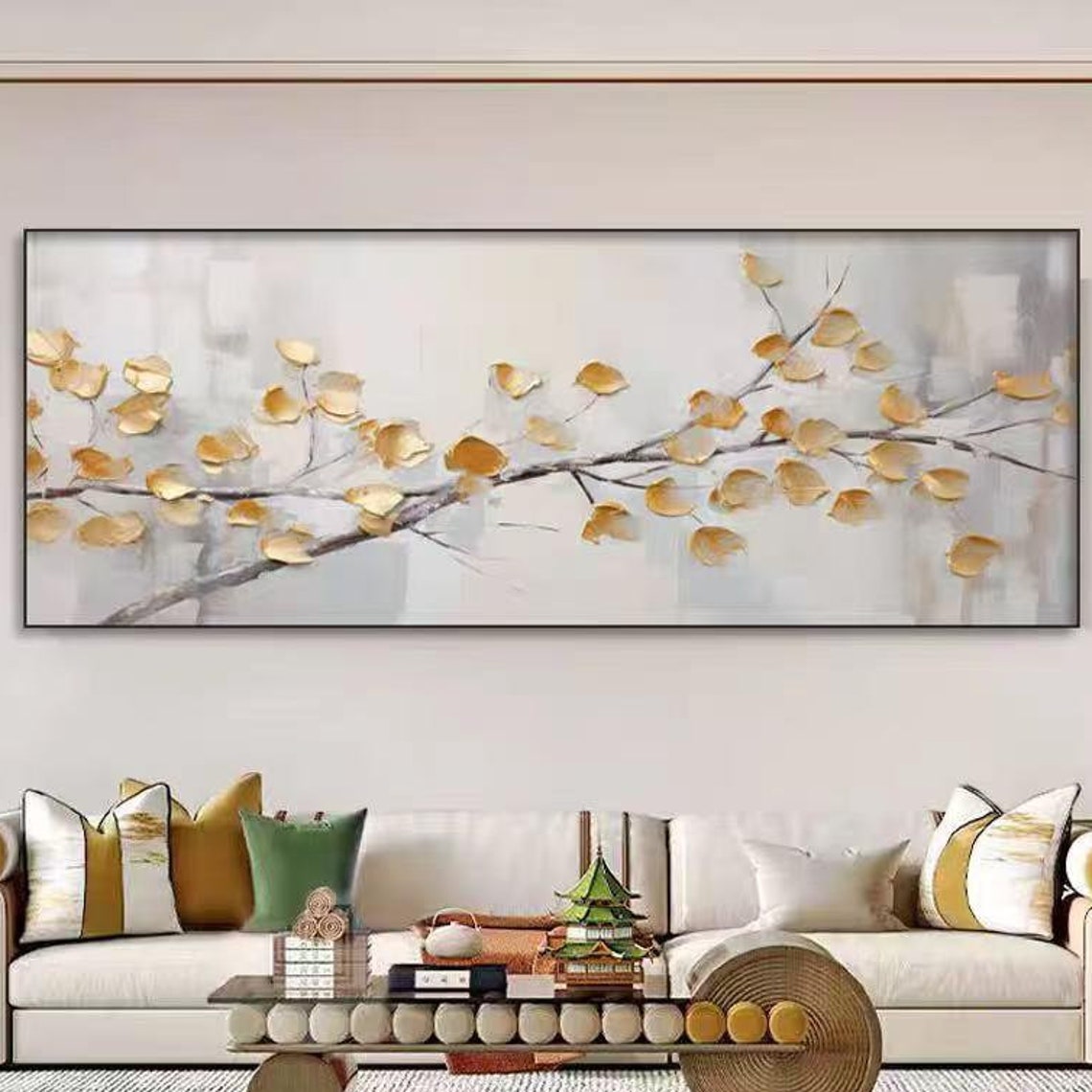 Golden Leaves on Dark Branch Soft White Horizontal Botanical Poster