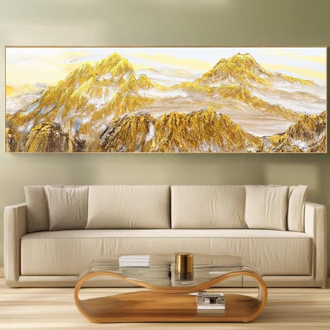 Golden Mountains Acrylic Painting, Landscape Art Print