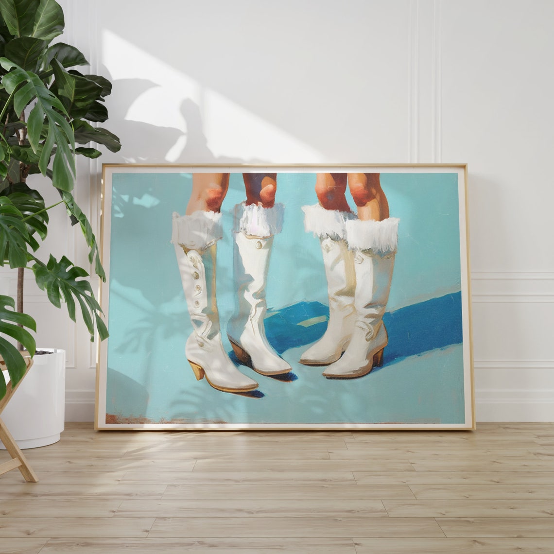 Preppy Blue Wall Art White Cowboy Boots Print Preppy Oil Painting Baby Blue Art Print Coastal Cowgirl Aesthetic Instant - Image 2