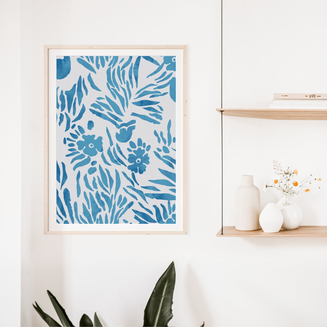 Bold Blue Abstract Floral Leaf Watercolor Modern Decor Poster