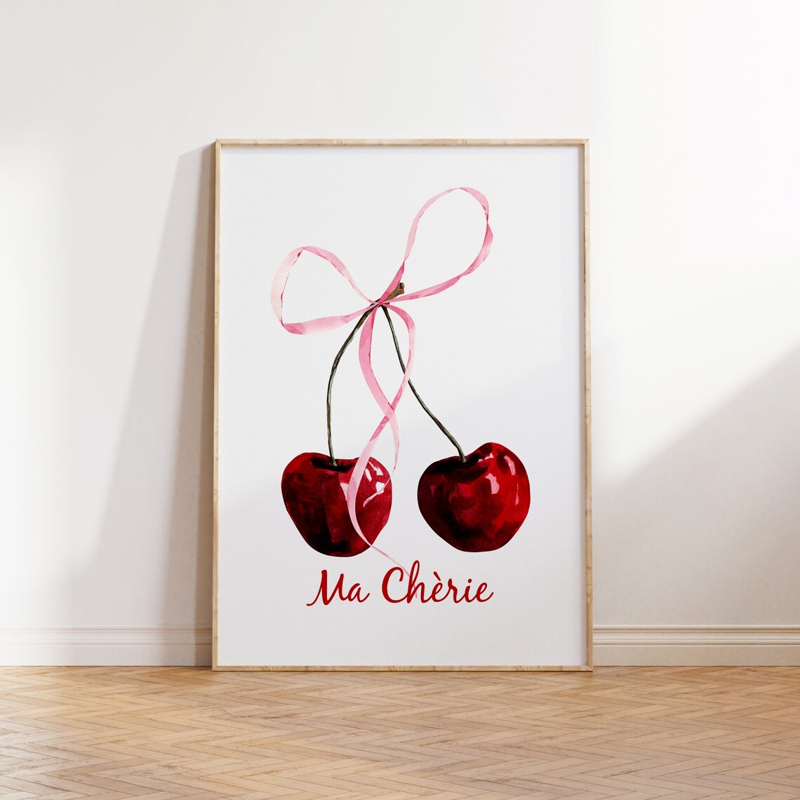 Ma Cherie Watercolor Cherry Art With Pink Bow Coquette Poster