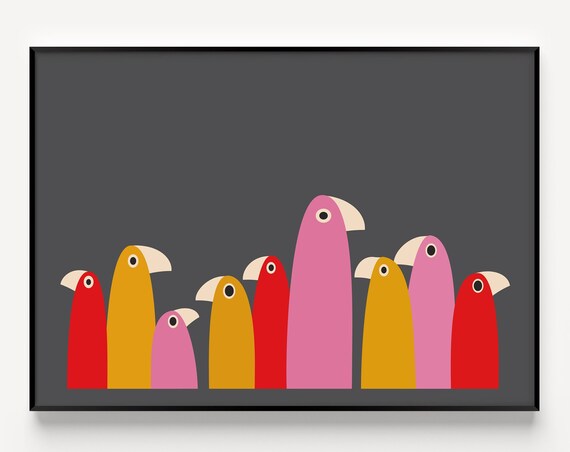 Bird Print, Pink Minimalist Nordic Poster