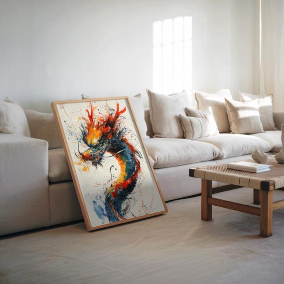 Colorful Dragon Poster Splatter Paint Art Maximalist Photorealism Watercolor Gouache Vibrant Neon Palette Detailed