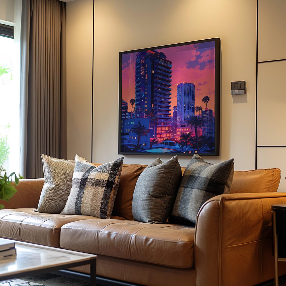 Urban Synthwave Pixel Art Poster Retrofuturistic Cityscape Neon Cool Tones Artwork Palm Trees Futur