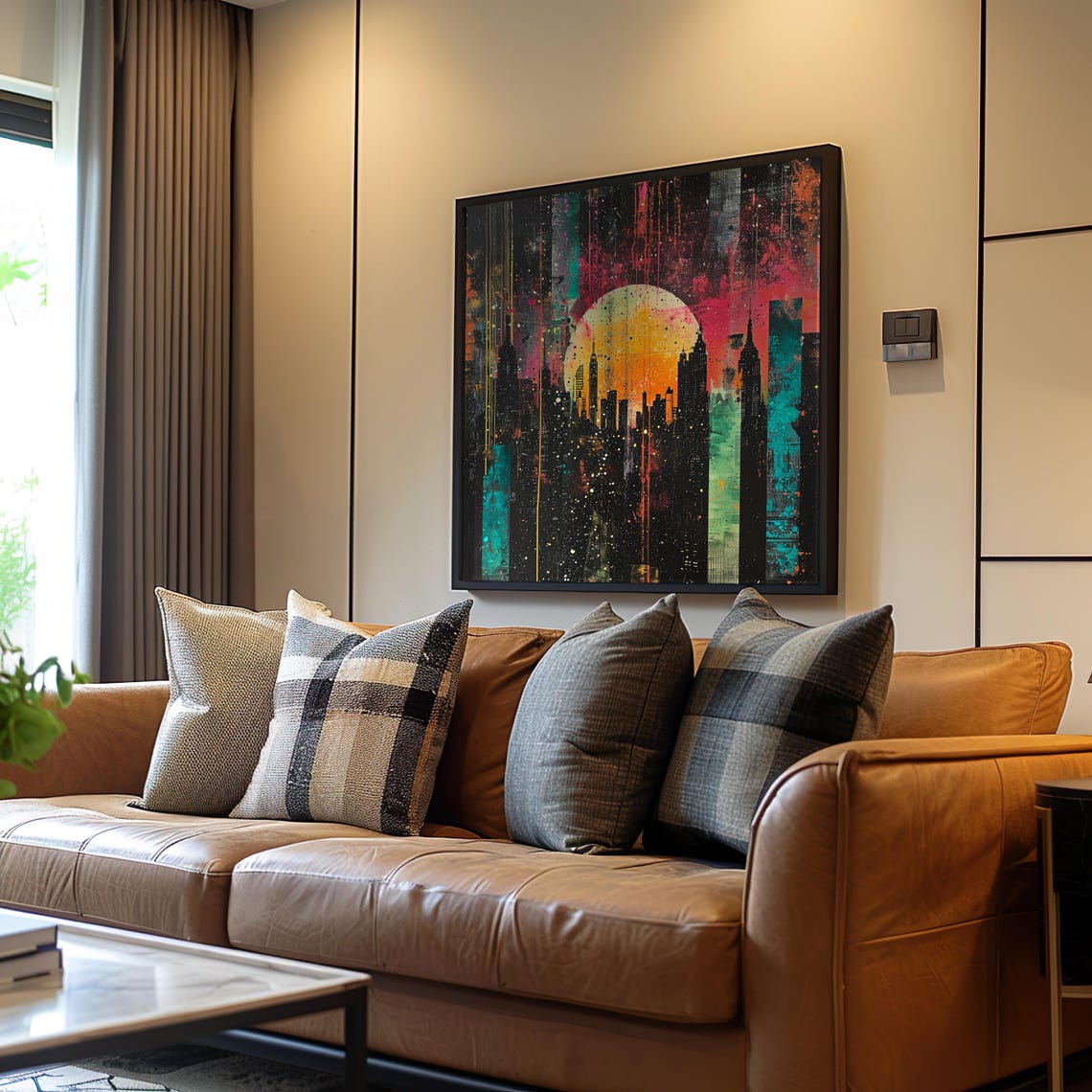 Cityscape Under Full Moon Brutalist Maximalist Art Screen Print Acrylic Painting Neon Vibrant Colors Dreamy Matte Poster