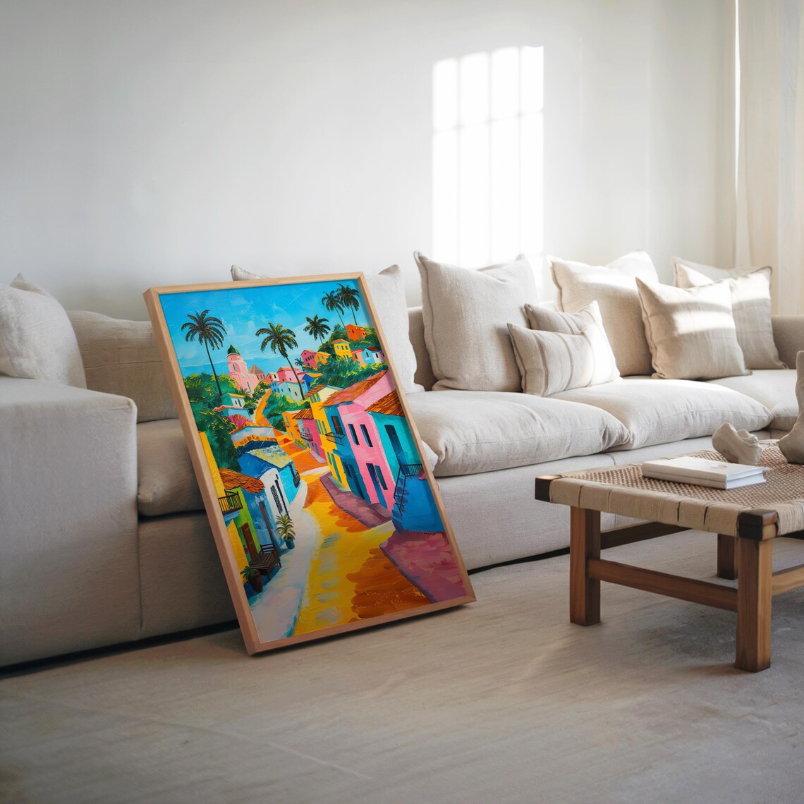Colorful Tropical Old Town Street Poster Vibrant Pastel Hillside Scene