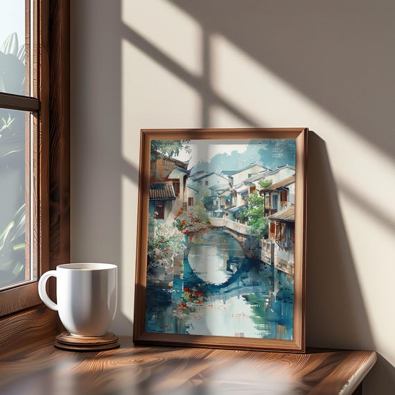 Impressionistic Anime Bridge Poster Dreamy Cinematic River Art Muted Tones Oil Acrylic Palette Watercolor Style Painting