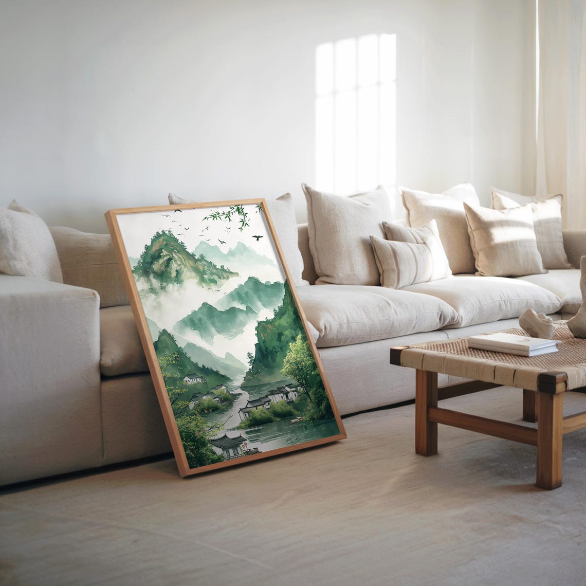 Misty Green Mountains Chinese Ink Wash Village Landscape Art Poster