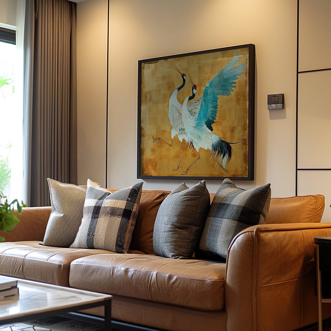 Two Dancing Cranes Japanese Style Golden Background Art Poster