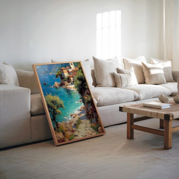 Mediterranean Cliffside Village Turquoise Sea Dreamy Painting Poster