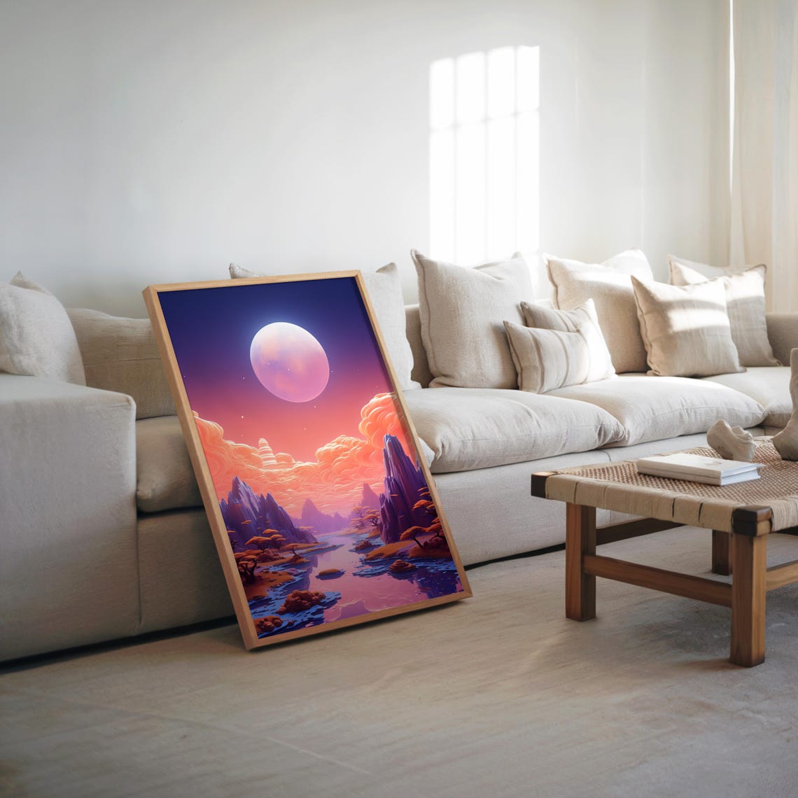 Pink Moon Alien Landscape Poster Psychedelic Desert River Art