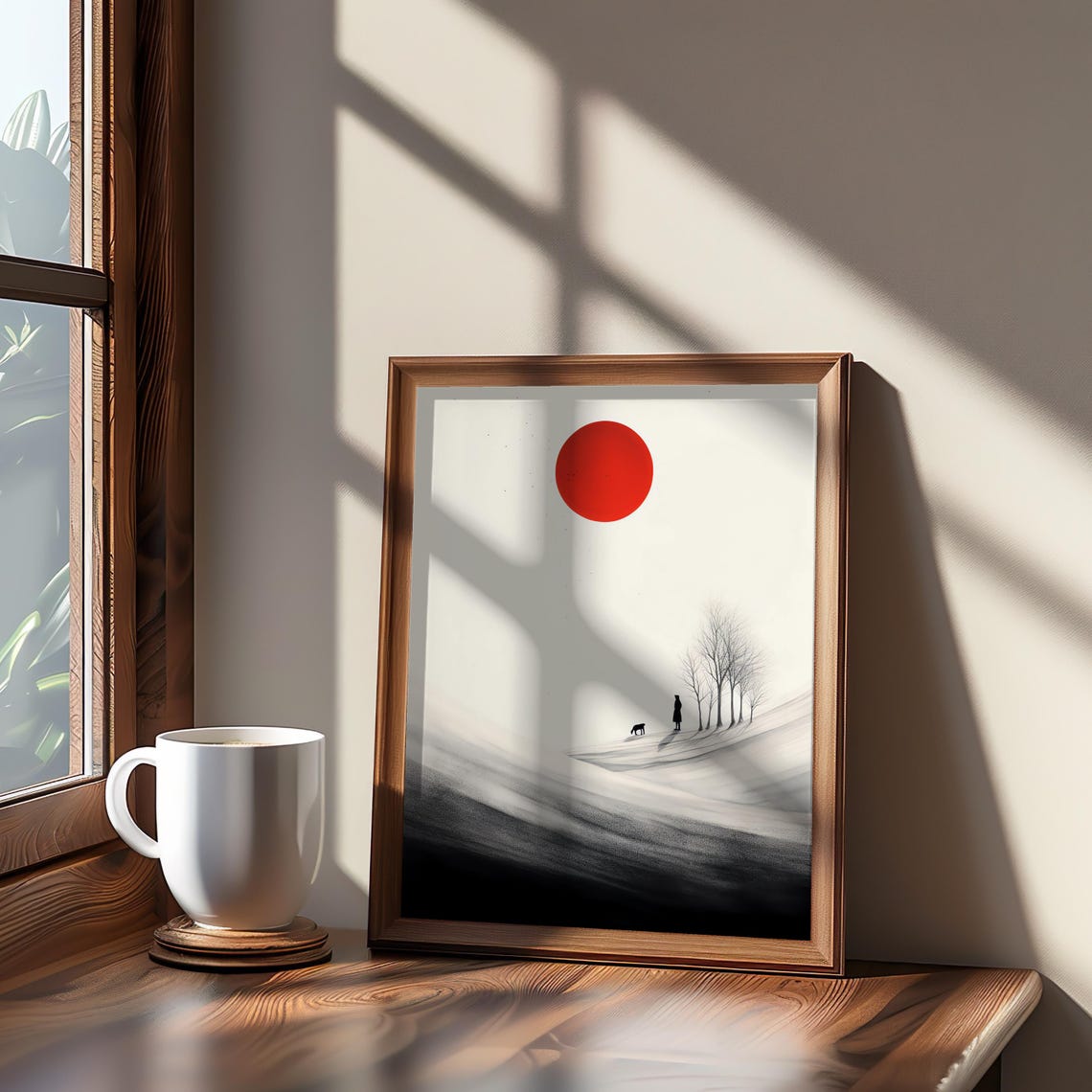 Red Sun Snowy Hill Person and Dog Minimalist Winter Art Print