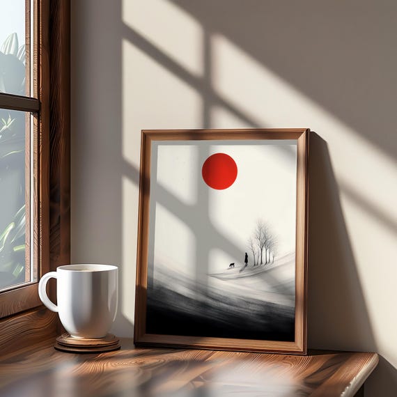 Minimalist Snowy Hill Walk Red Sun Poster Illustration Medium Screen Print Person Dog In Snow Winter Art Wall