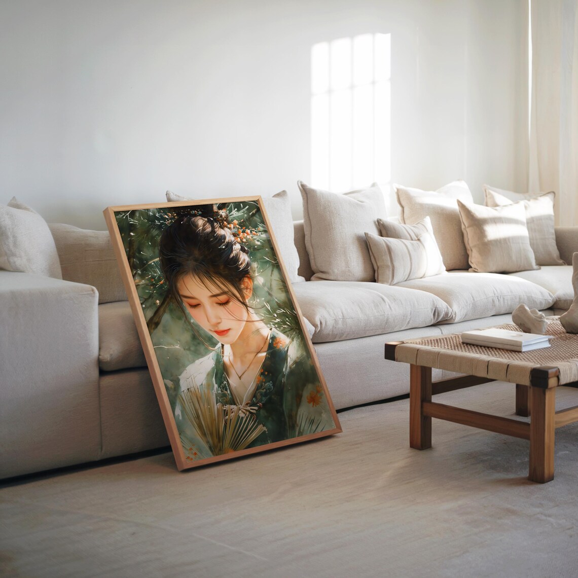 Dreamy Cinematic Green Robed Woman Portrait Oil Painting Poster