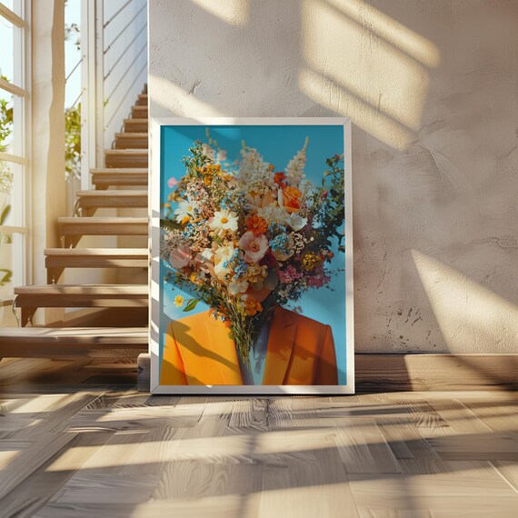 Man with Flower Bouquet Head Surreal Maximalist Orange Blazer Art Print