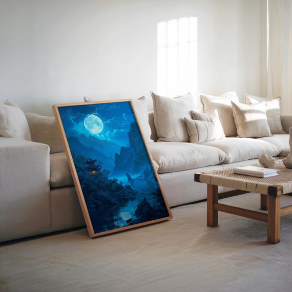 Impressionistic Night Lake Pagoda Vibrant Colors Full Moon Sky Oil Art Serene Nature Home Wall Decor