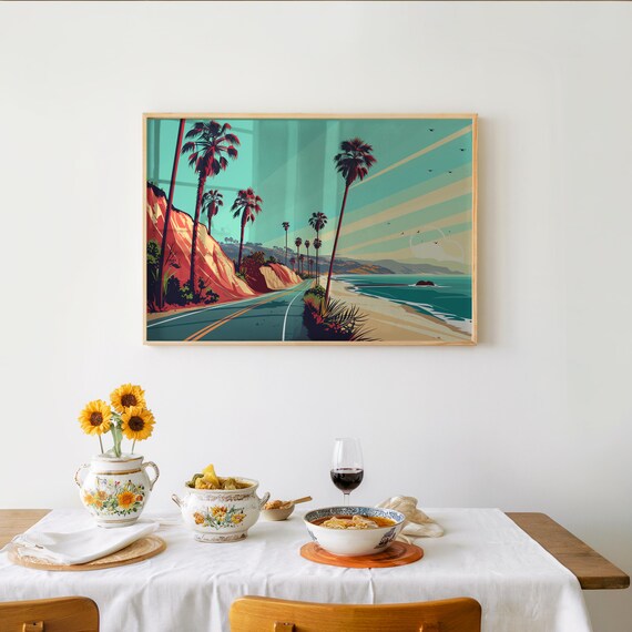 Pacific Coast Highway Palm Trees Ocean Cliffs Retro Travel Art Poster