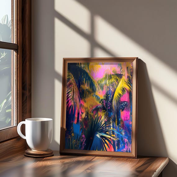 Maximalist Palm Tree Wall Poster Psychedelic Art Neon Colors Tropical Decor Vibrant 3d Render Illustration Ex