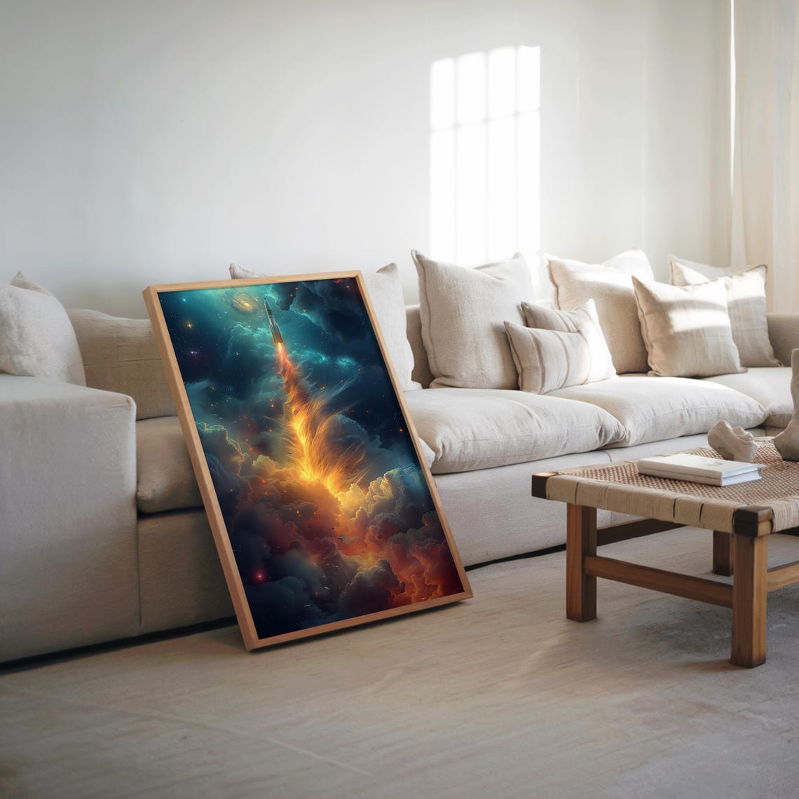 Rocket Launch Through Teal Nebula Clouds Fiery Space Art Print