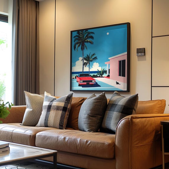 Retrofuturism Vaporwave Illustration Poster Red Car Parked Pink Building Art Palm Tree Scenery Neon