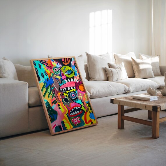 Abstract Face Expressionism Maximalist Poster Acrylic Gouache Art Vibrant Colorful Decor Unique Wall Modern Home