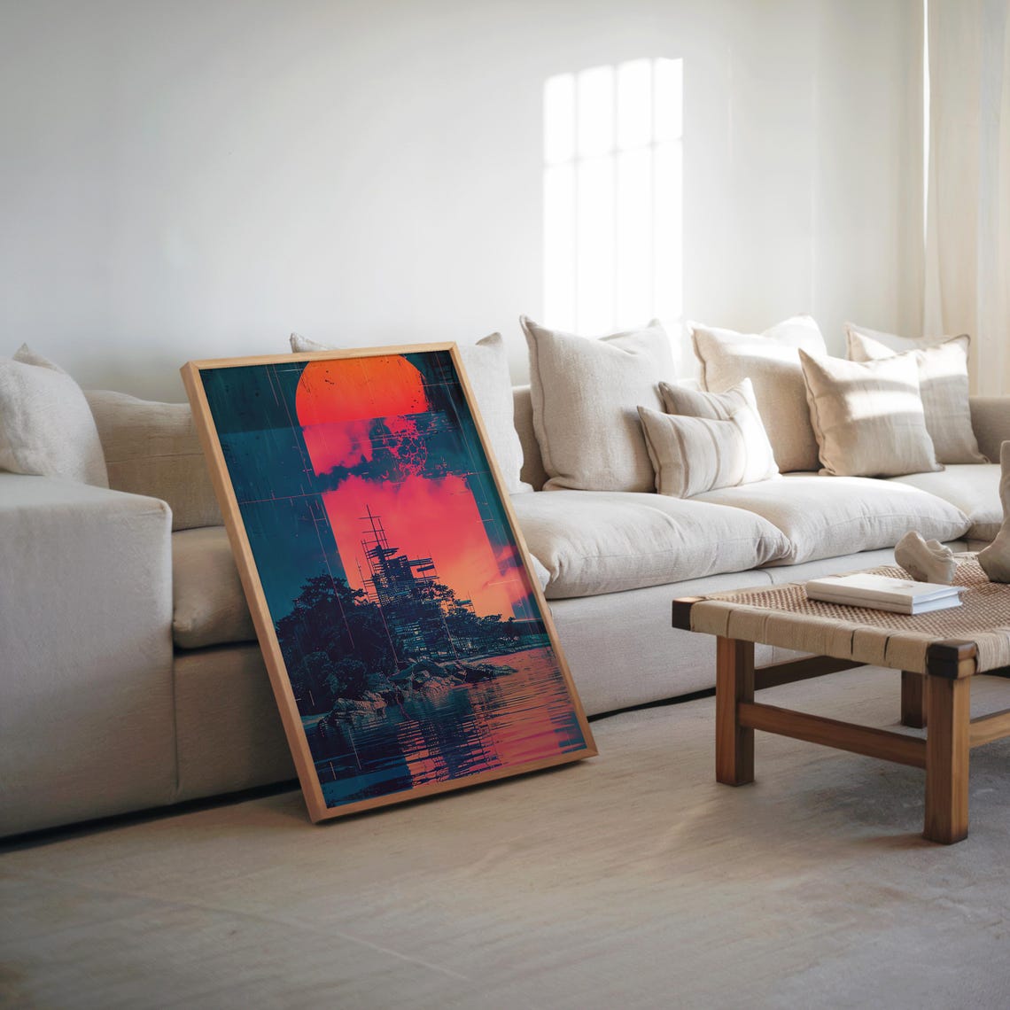 Futuristic City Skyline Beneath a Giant Red Sun Reflection Poster