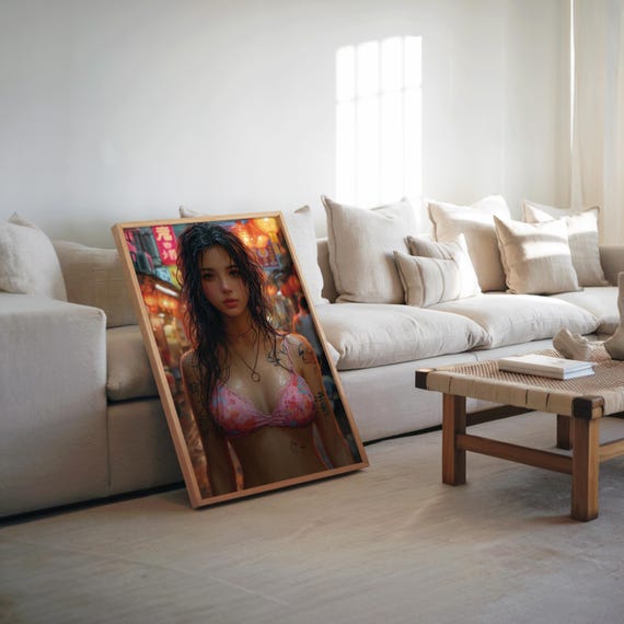 Anime Bikini Babe Poster Neon Colored Art Oil Painting Detailrich Tattoo Design Cinematic Aura Asian Pop Culture Wall