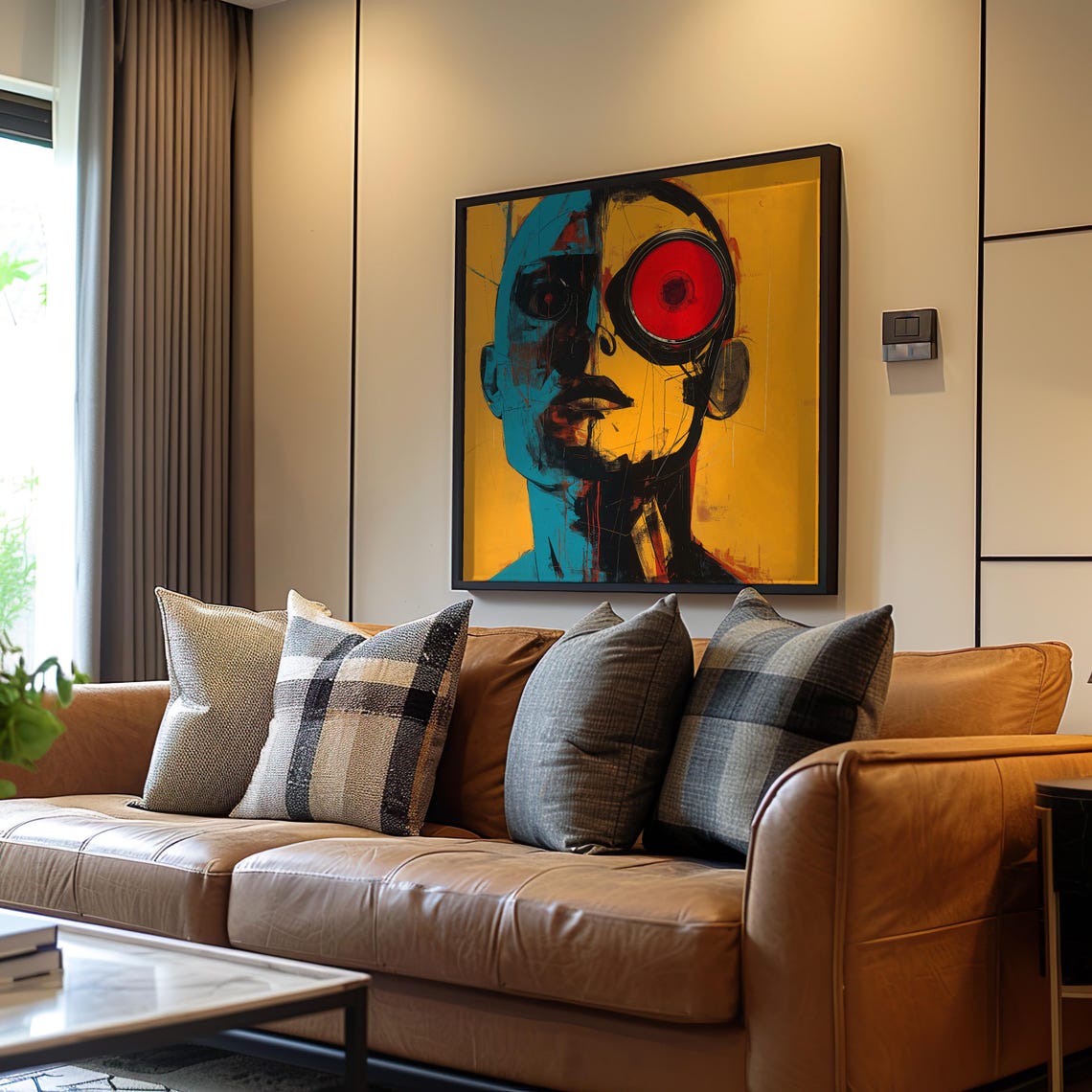Midcentury Abstract Face Red Eye Bold Yellow Modern Art Poster