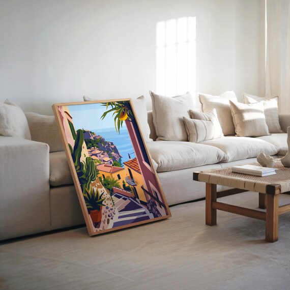 Sunny Cliffside Coastal Town By The Sea Midcentury Art Poster