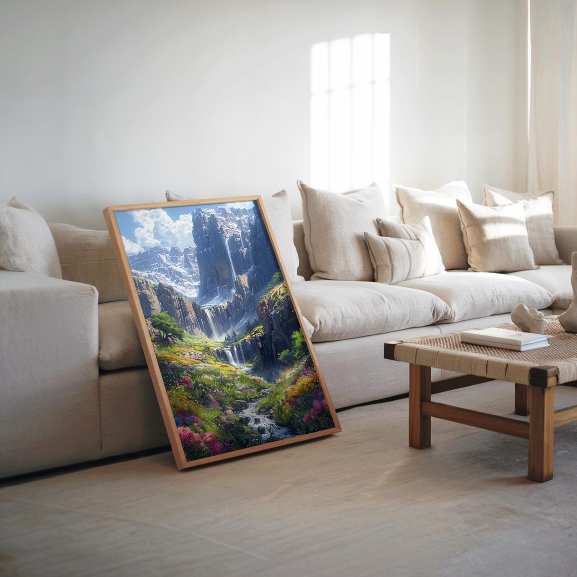 Waterfall Mountain Cliffs Wildflower Meadow Photorealistic Oil Poster