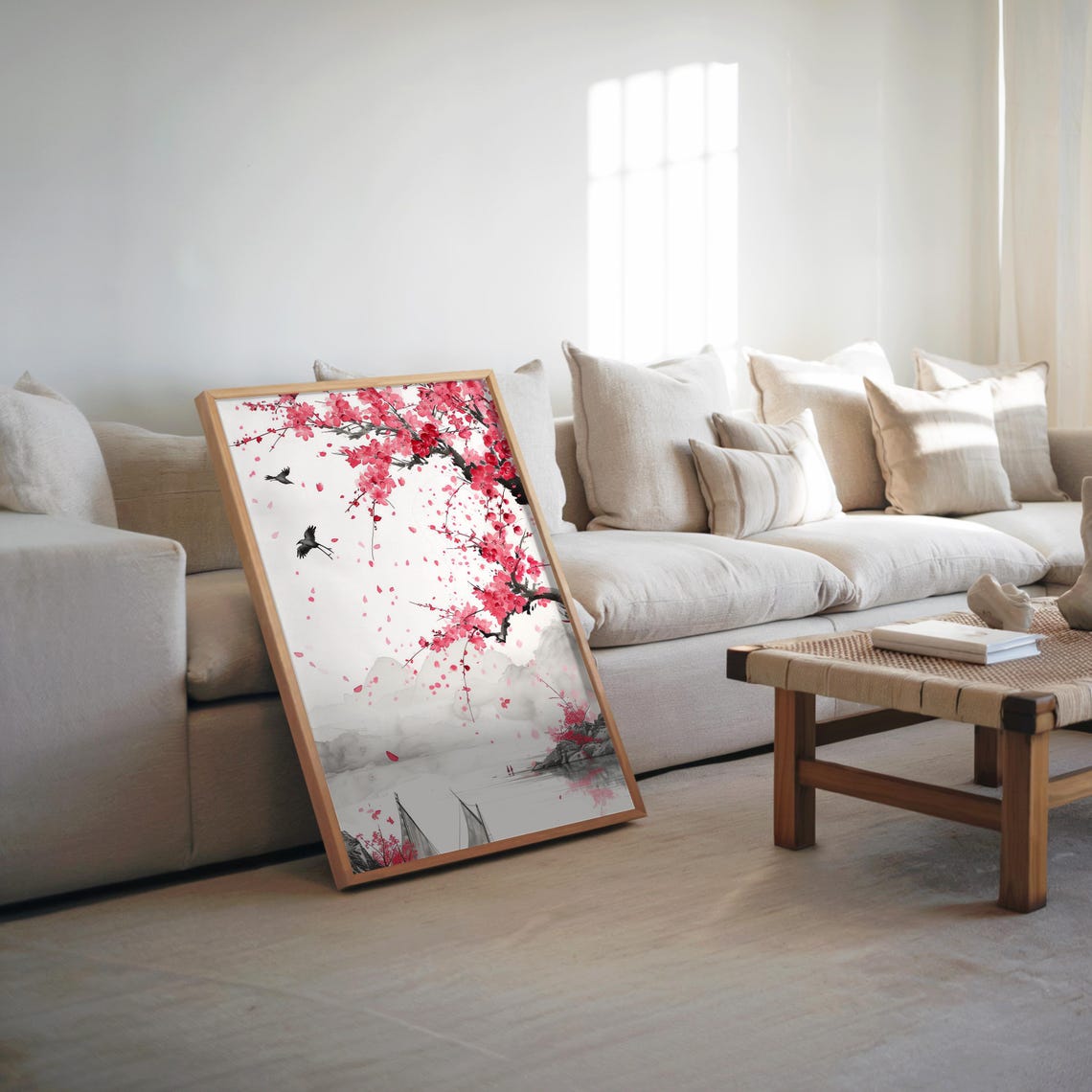 Elegant Cherry Blossom Branch Japanese Ink Painting Pink Floral Poster