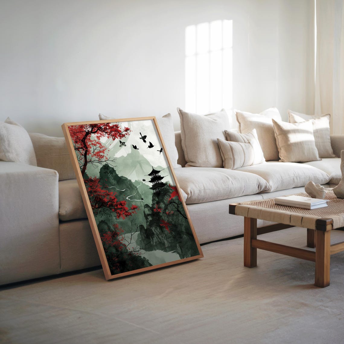 Japanese Pagoda Ink Wash Red Maple Autumn Mountain Birds Poster
