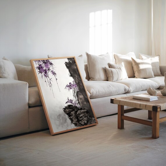 Purple Flowers Cliff Ink Wash Painting Black and White Poster