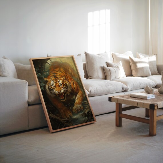 Tiger In Forest Photorealistic Art Maximalist Oil Painting Warm Tones Muted Colors Highly Detailed Dramatic Wall