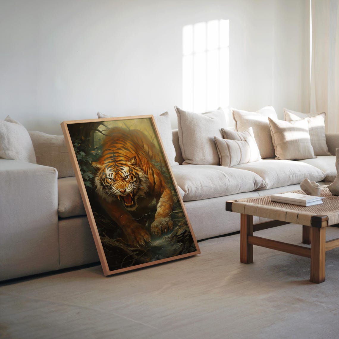 Roaring Tiger Prowling Dark Forest Photorealistic Oil Art Poster